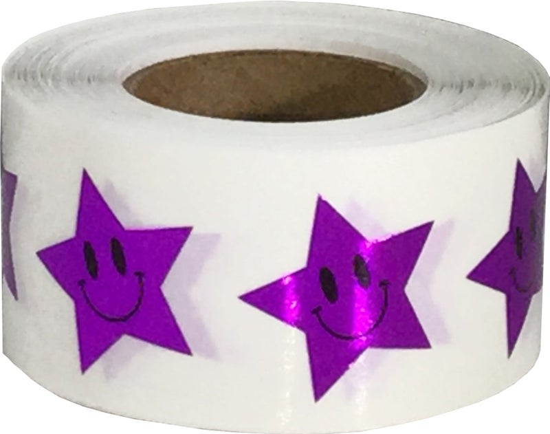 InStockLabels.com Metallic Purple Happy Face Star Shape Stickers 0.75 Inch 500 Adhesive Labels - Image 1